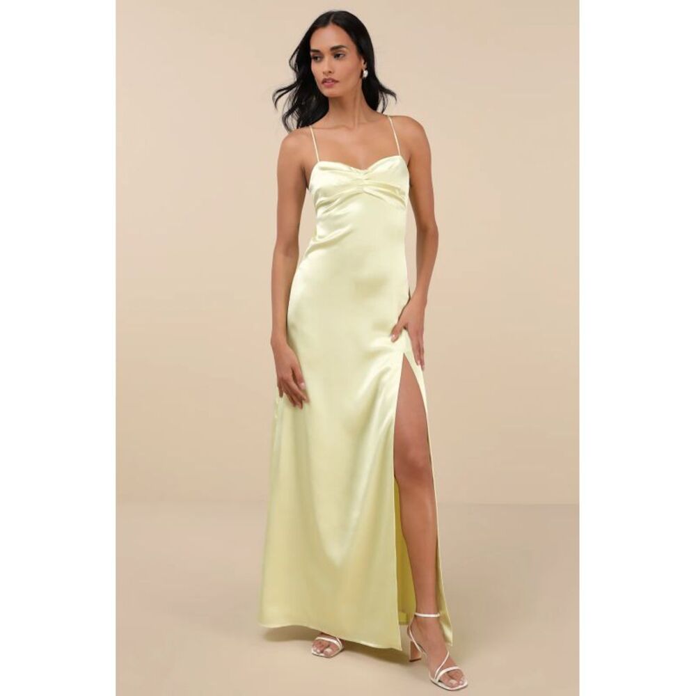 Lulus Women's Stunning Example Light Yellow Satin Backless Maxi Dress  Small